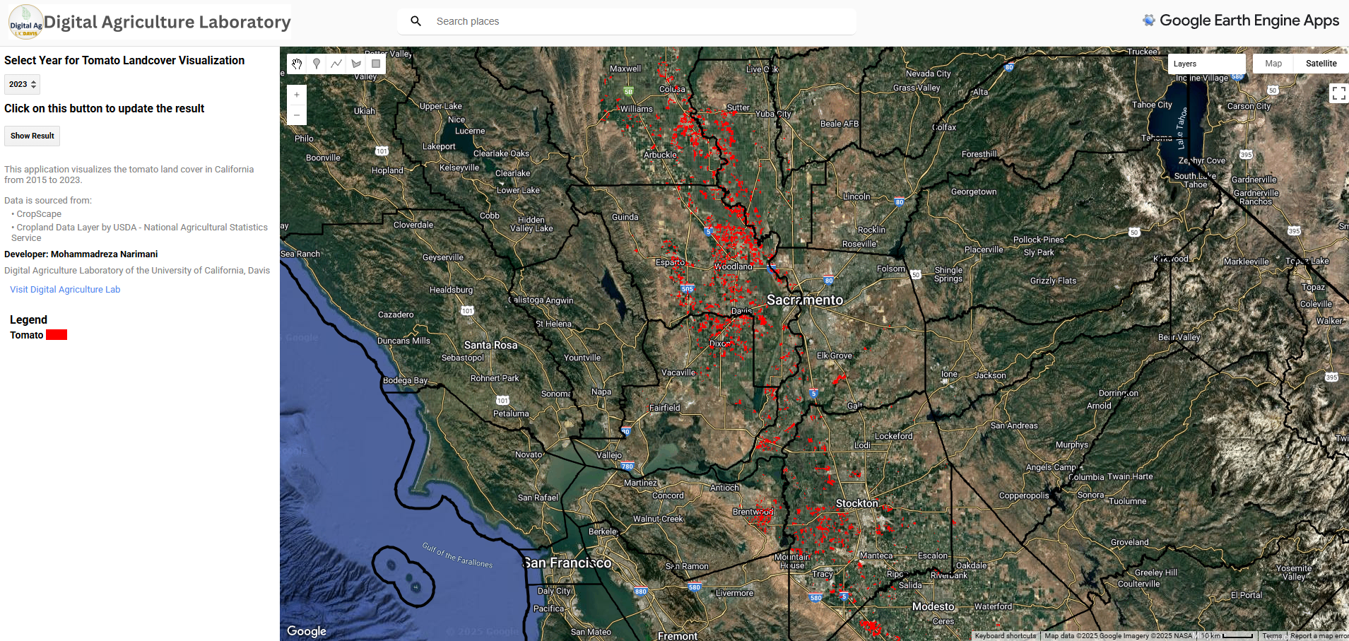 Mohammadreza Narimani California tomato landcover 2023 USDA Cropland Data Layer interactive Google Earth Engine application UC Davis Digital Agriculture Laboratory