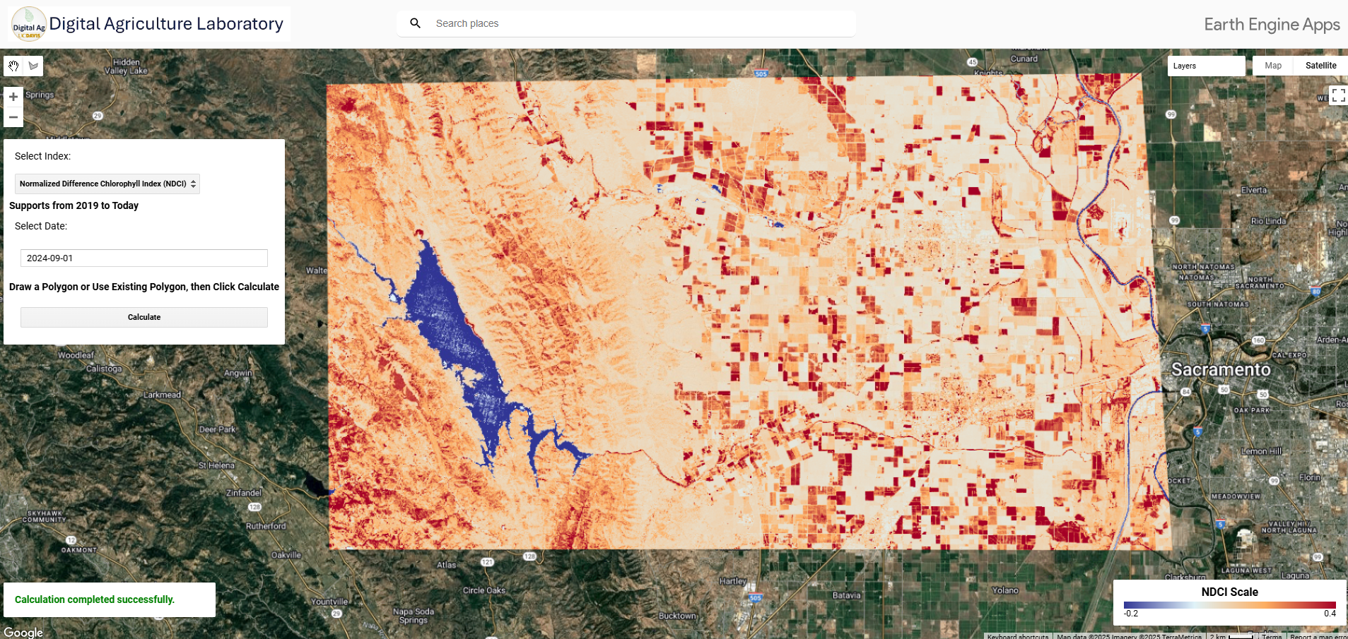 Mohammadreza Narimani NDCI Normalized Difference Chlorophyll Index vegetation analysis Sacramento California Sentinel-2 satellite imagery Google Earth Engine UC Davis Digital Agriculture Laboratory